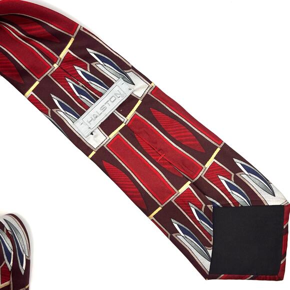 Halston -Men's Tie - Silk Geometric Y2K Necktie - Red Gray Blue 56" Long - Picture 2 of 5